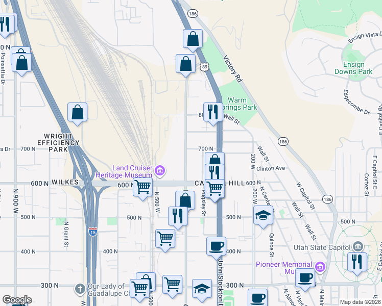 map of restaurants, bars, coffee shops, grocery stores, and more near 348 700 North in Salt Lake City