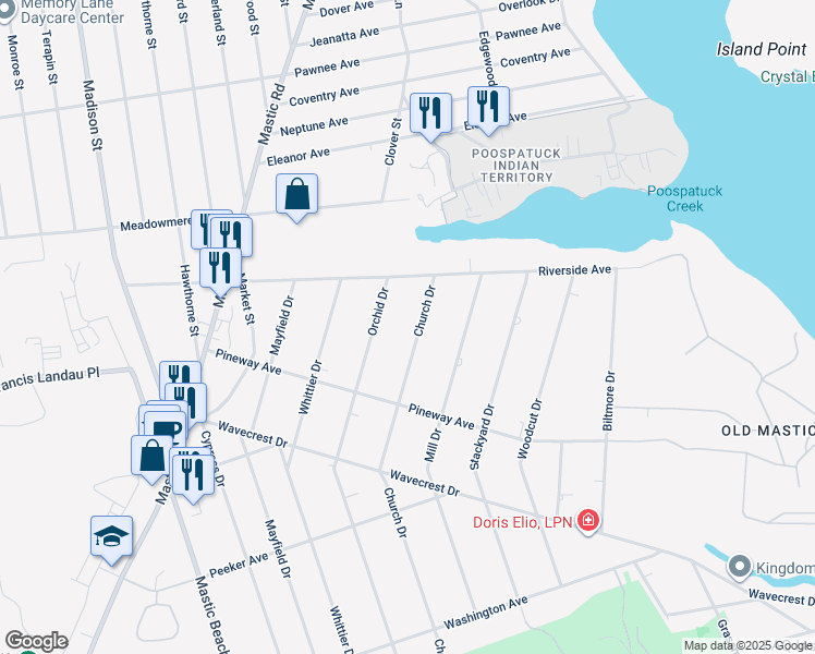 map of restaurants, bars, coffee shops, grocery stores, and more near 200 Church Drive in Mastic Beach
