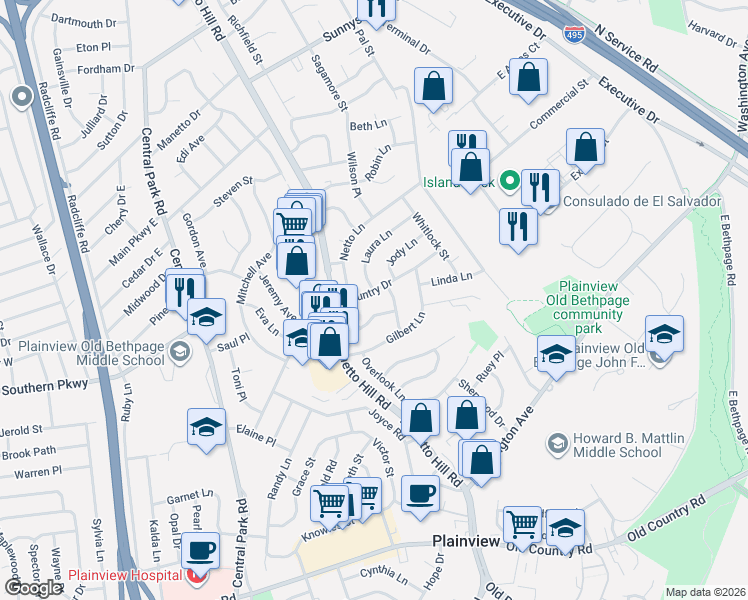 map of restaurants, bars, coffee shops, grocery stores, and more near in Plainview