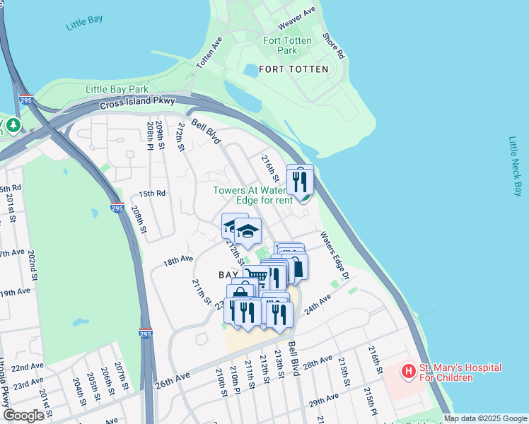 map of restaurants, bars, coffee shops, grocery stores, and more near 17-04 215th Street in Queens