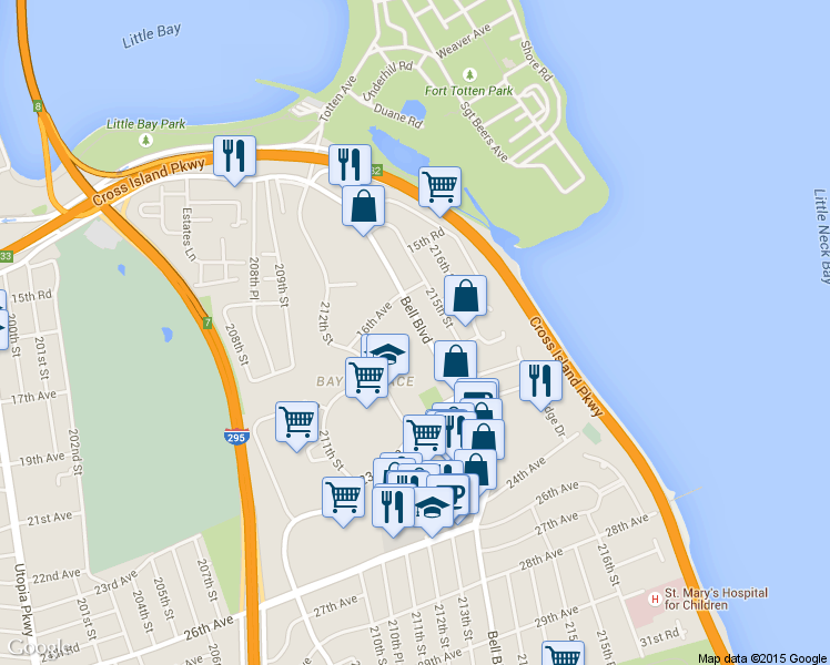 map of restaurants, bars, coffee shops, grocery stores, and more near 17-04 215th Street in Queens