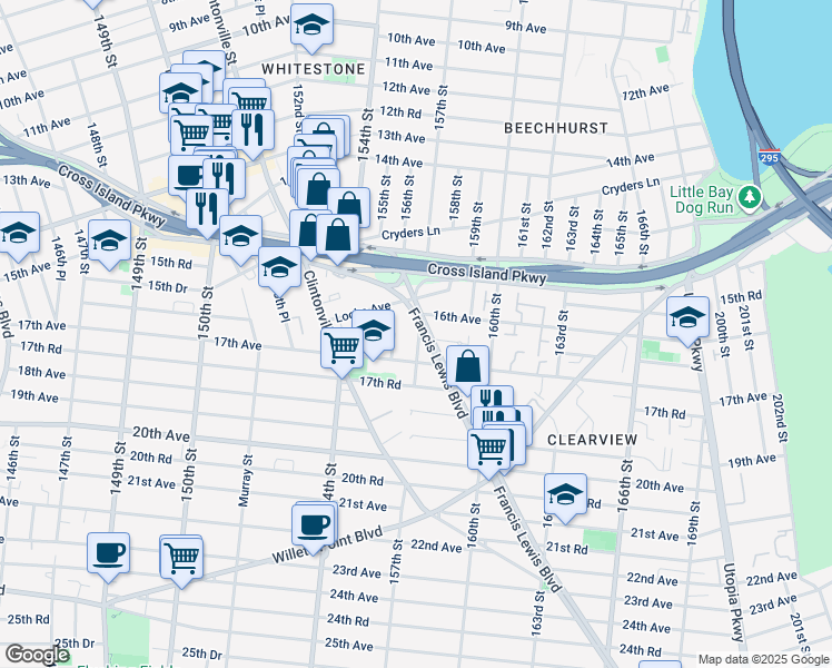 map of restaurants, bars, coffee shops, grocery stores, and more near 1606 Francis Lewis Boulevard in Queens