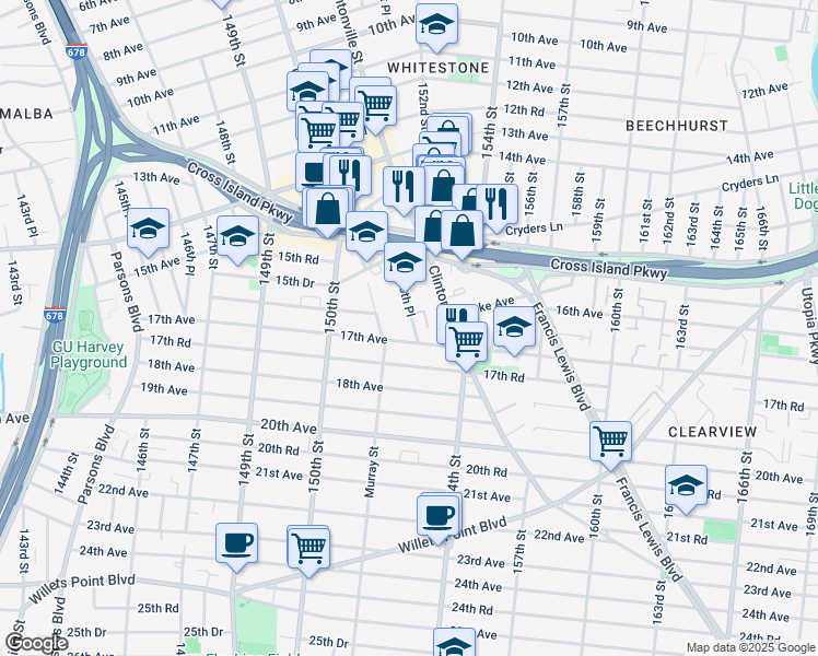 map of restaurants, bars, coffee shops, grocery stores, and more near 15-71 150th Place in Queens