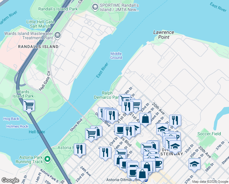 map of restaurants, bars, coffee shops, grocery stores, and more near 20-41 Shore Boulevard in Queens