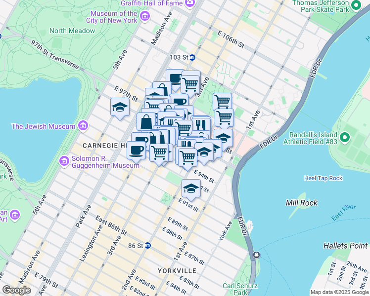 map of restaurants, bars, coffee shops, grocery stores, and more near 215 East 96th Street in New York
