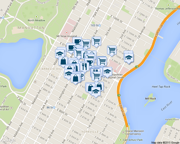 map of restaurants, bars, coffee shops, grocery stores, and more near 215 East 96th Street in New York
