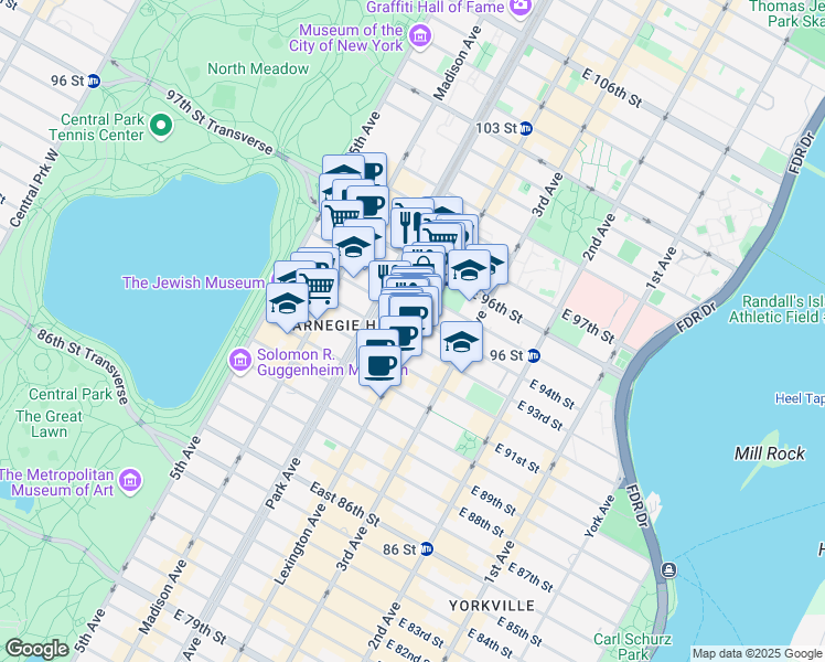 map of restaurants, bars, coffee shops, grocery stores, and more near 120 East 94th Street in New York