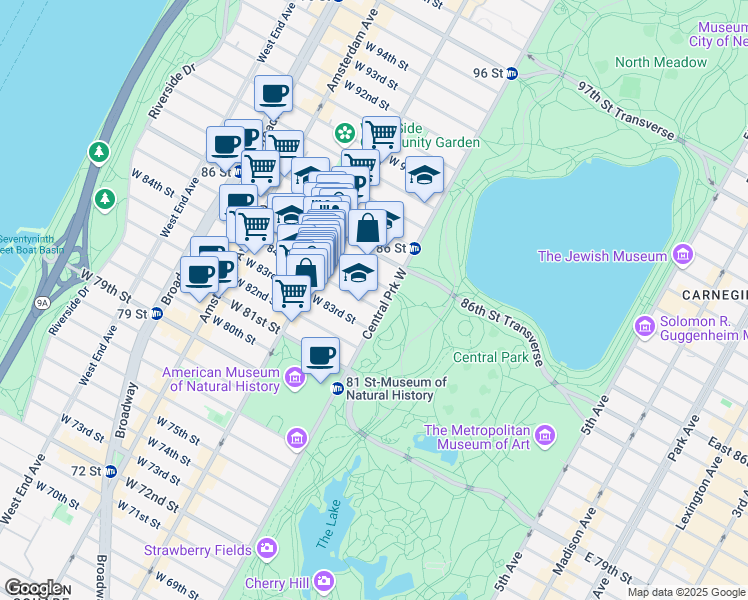 map of restaurants, bars, coffee shops, grocery stores, and more near 32 West 85th Street in New York