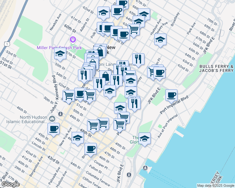 map of restaurants, bars, coffee shops, grocery stores, and more near 5607 Hudson Avenue in West New York