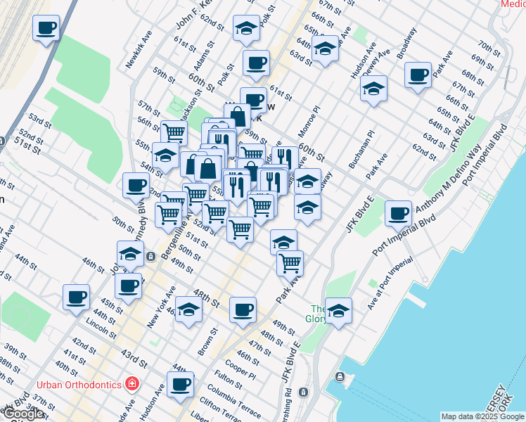 map of restaurants, bars, coffee shops, grocery stores, and more near 5500 Palisade Avenue in West New York