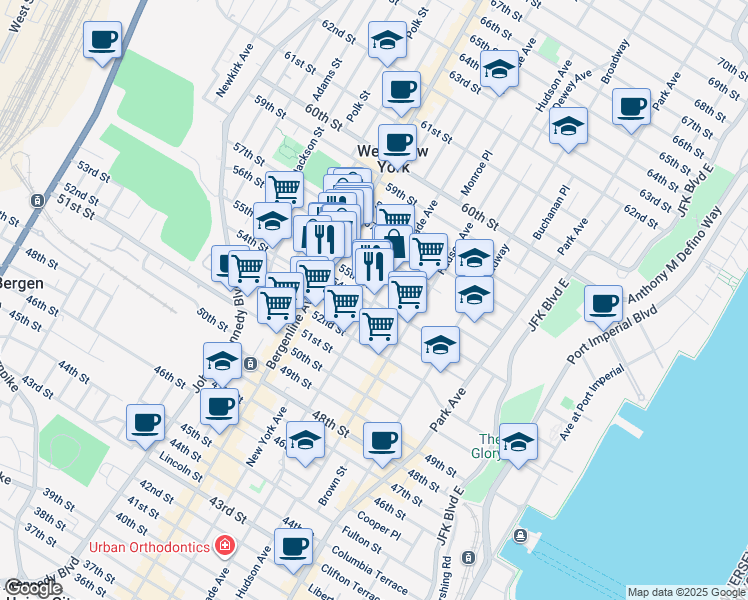 map of restaurants, bars, coffee shops, grocery stores, and more near 417 54th Street in West New York