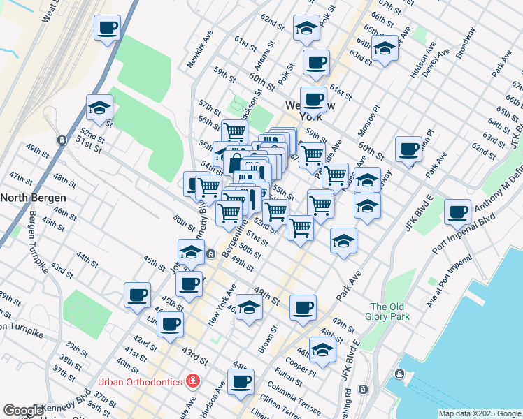 map of restaurants, bars, coffee shops, grocery stores, and more near in West New York