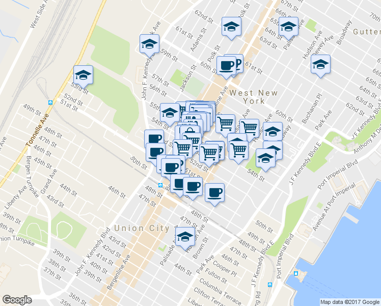 map of restaurants, bars, coffee shops, grocery stores, and more near in West New York