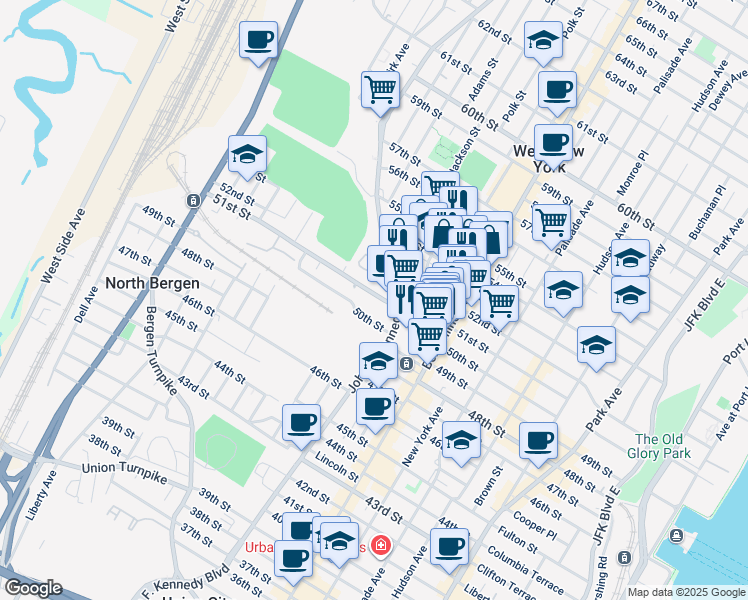 map of restaurants, bars, coffee shops, grocery stores, and more near 5201 John F. Kennedy Boulevard in North Bergen