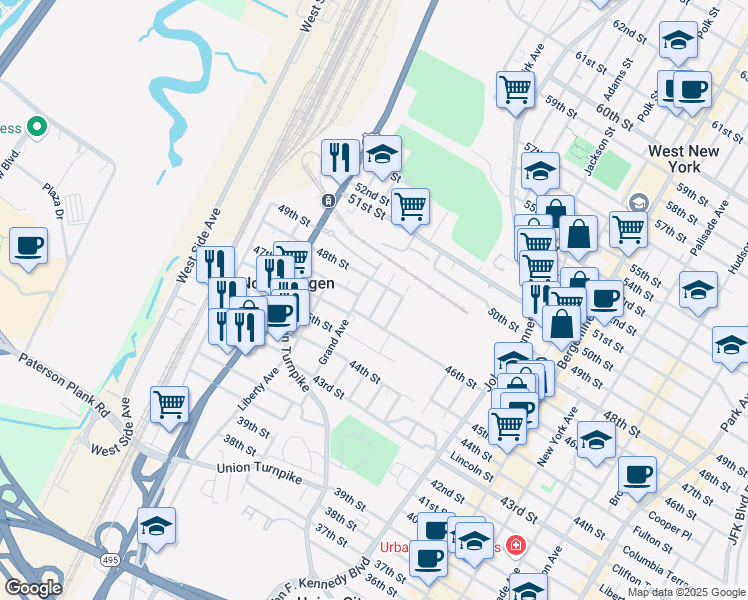 map of restaurants, bars, coffee shops, grocery stores, and more near 1465 48th Street in North Bergen