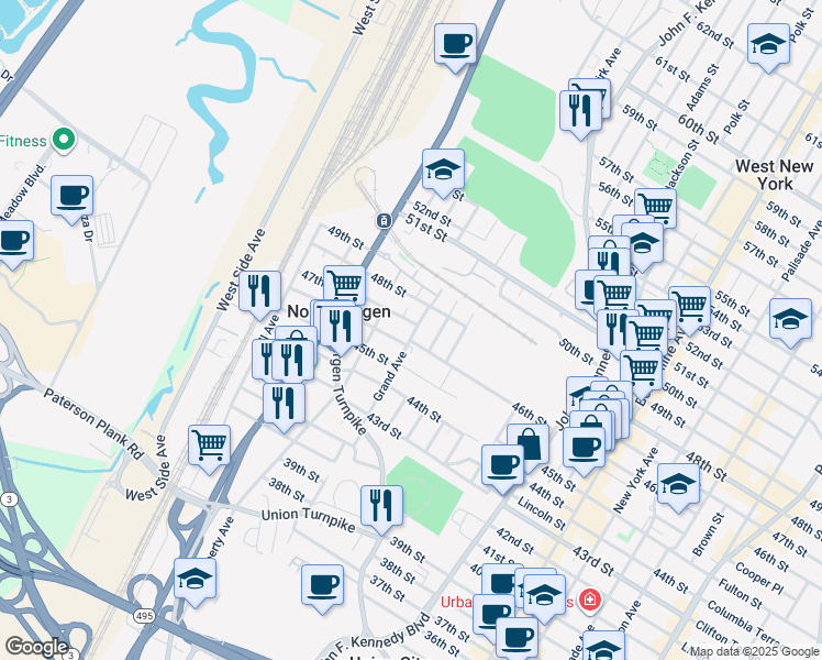 map of restaurants, bars, coffee shops, grocery stores, and more near 1520 47th Street in North Bergen