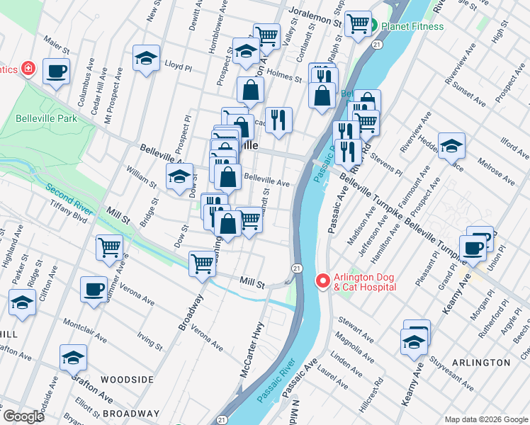 map of restaurants, bars, coffee shops, grocery stores, and more near 112 Cortlandt Street in Belleville