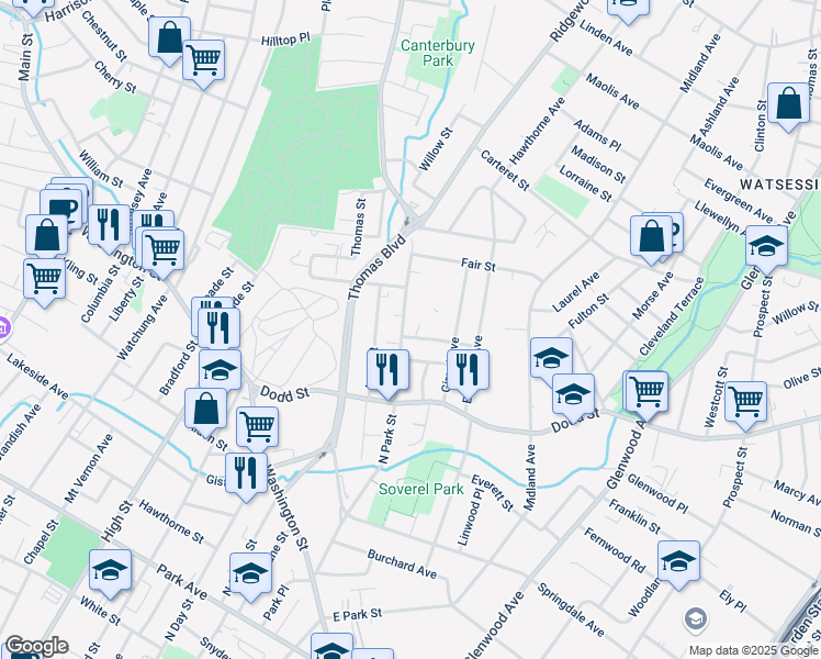 map of restaurants, bars, coffee shops, grocery stores, and more near 255 North Park Street in East Orange