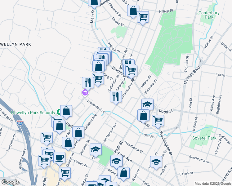 map of restaurants, bars, coffee shops, grocery stores, and more near in West Orange