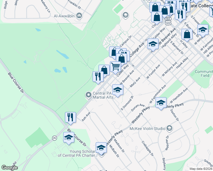 map of restaurants, bars, coffee shops, grocery stores, and more near 1119 West College Avenue in State College