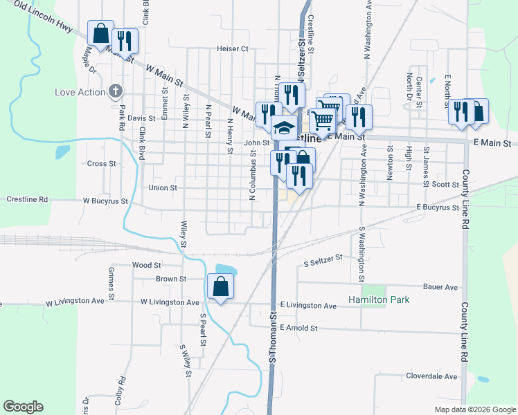 map of restaurants, bars, coffee shops, grocery stores, and more near 202 North Thoman Street in Crestline
