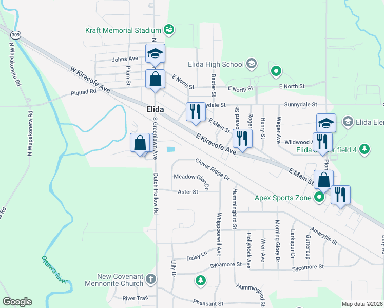 map of restaurants, bars, coffee shops, grocery stores, and more near 210 E Kiracofe Ave in Elida