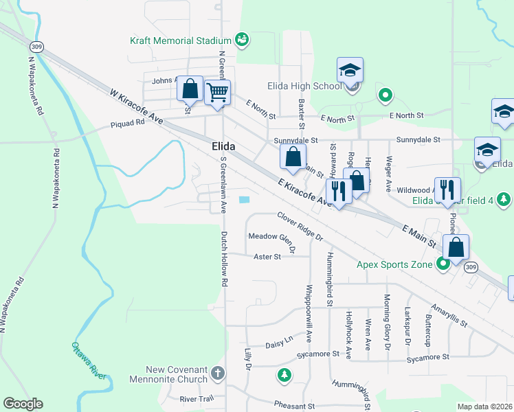 map of restaurants, bars, coffee shops, grocery stores, and more near 210 E Kiracofe Ave in Elida