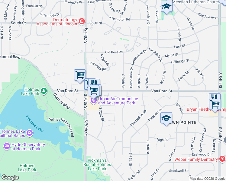 map of restaurants, bars, coffee shops, grocery stores, and more near 7208 Van Dorn Street in Lincoln