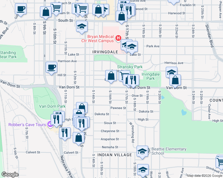 map of restaurants, bars, coffee shops, grocery stores, and more near 1601 Burr Street in Lincoln