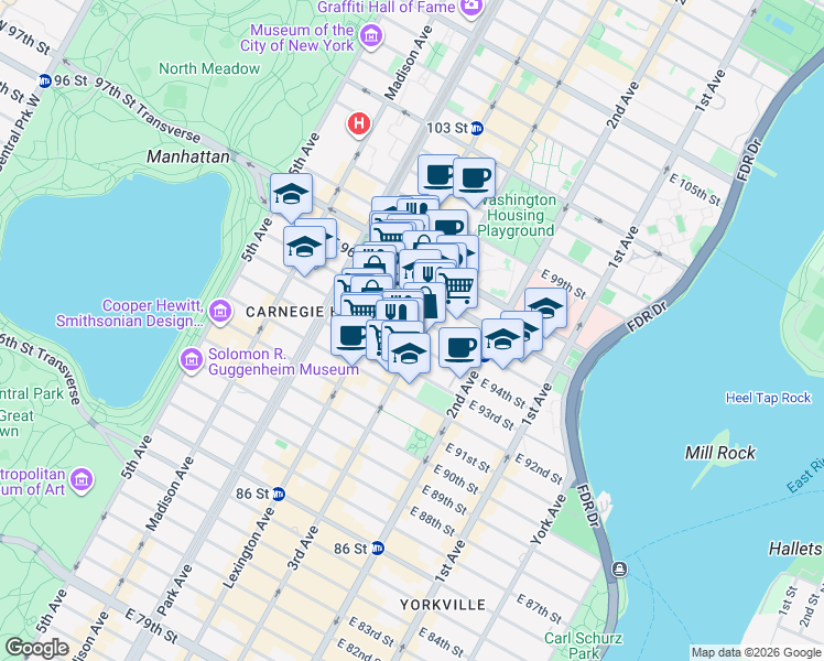 map of restaurants, bars, coffee shops, grocery stores, and more near 182 East 95th Street in New York