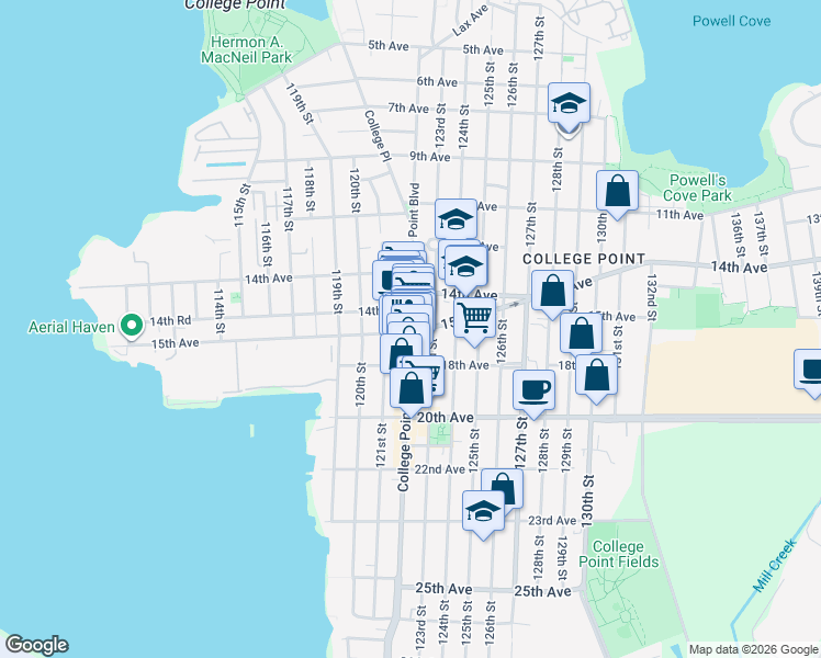 map of restaurants, bars, coffee shops, grocery stores, and more near College Point Boulevard in Queens