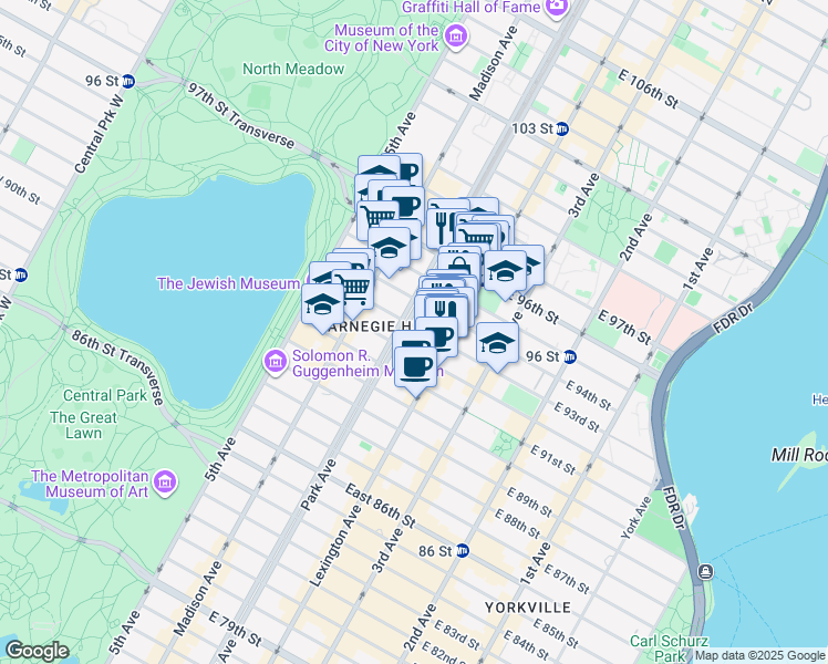 map of restaurants, bars, coffee shops, grocery stores, and more near 131 East 93rd Street in New York