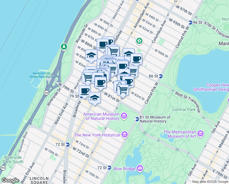 map of restaurants, bars, coffee shops, grocery stores, and more near 146 West 83rd Street in New York