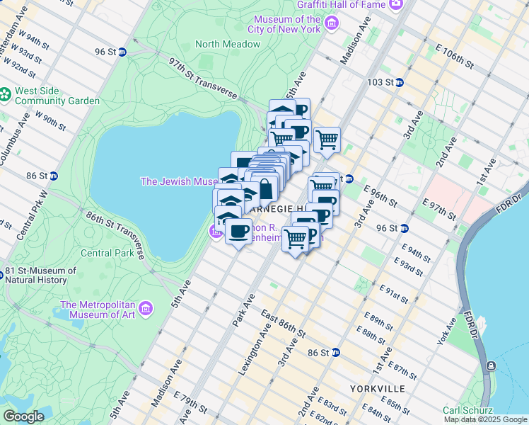 map of restaurants, bars, coffee shops, grocery stores, and more near 1285 Madison Avenue in New York
