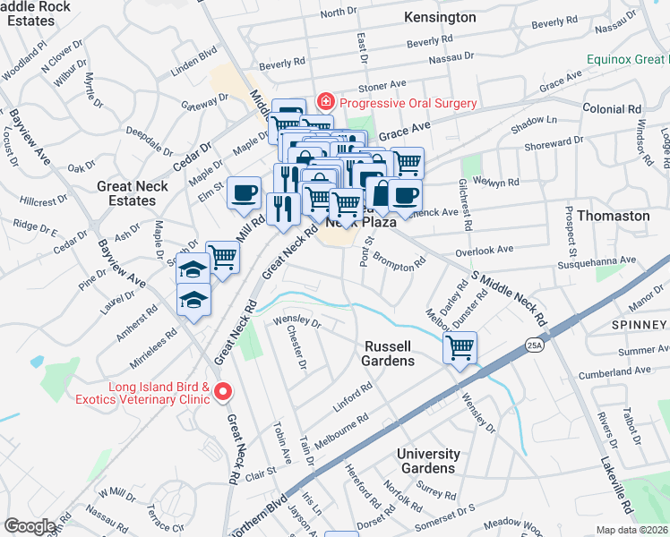 map of restaurants, bars, coffee shops, grocery stores, and more near in Great Neck Plaza