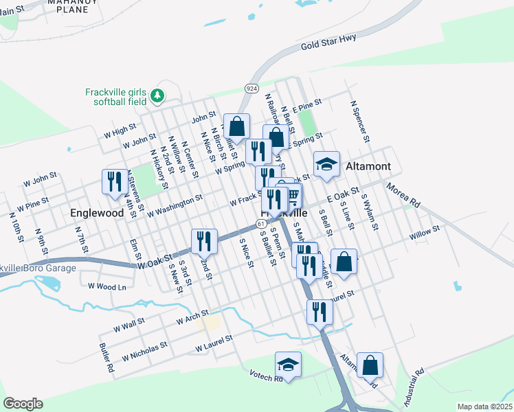 map of restaurants, bars, coffee shops, grocery stores, and more near 17-19 North Balliet Street in Frackville