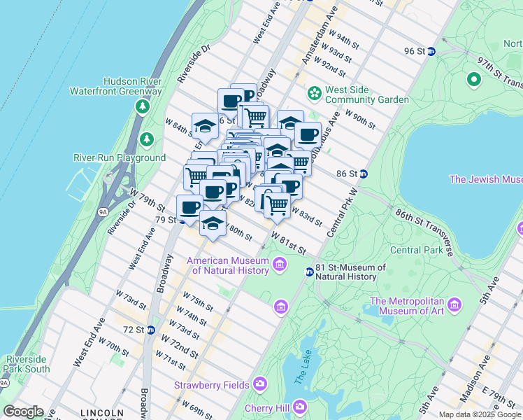 map of restaurants, bars, coffee shops, grocery stores, and more near 124 West 82nd Street in New York