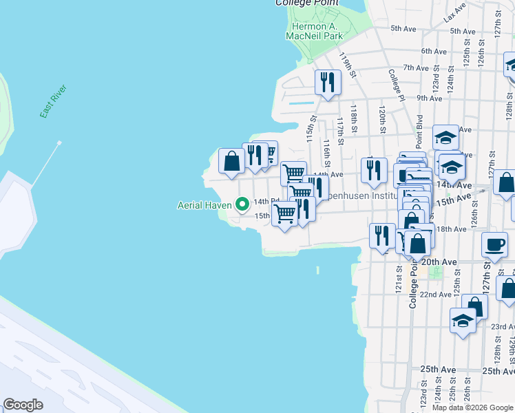 map of restaurants, bars, coffee shops, grocery stores, and more near 14-22 112th Street in Queens