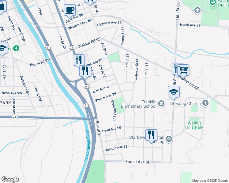 map of restaurants, bars, coffee shops, grocery stores, and more near 1040 3rd Street Southeast in Massillon