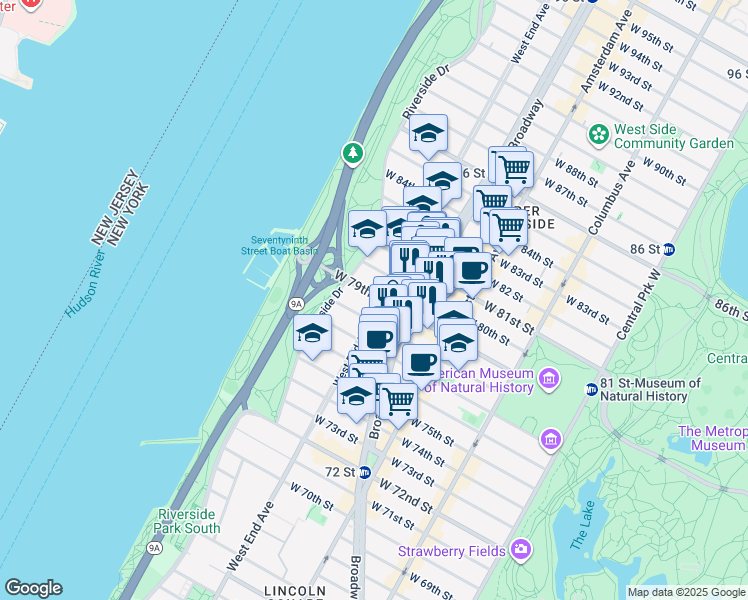 map of restaurants, bars, coffee shops, grocery stores, and more near 395 West End Avenue in New York