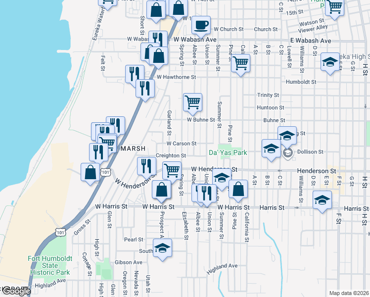 map of restaurants, bars, coffee shops, grocery stores, and more near 2532 Spring Street in Eureka