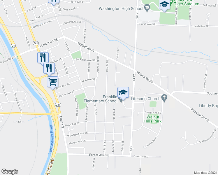 map of restaurants, bars, coffee shops, grocery stores, and more near 1208 13th Street Southeast in Massillon