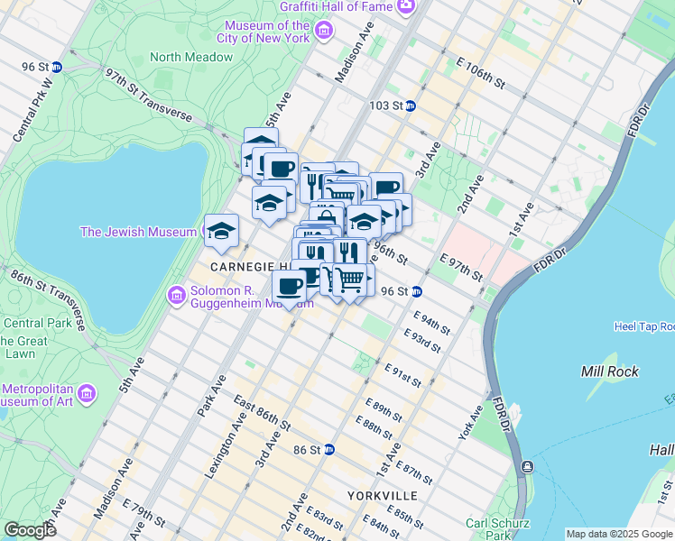 map of restaurants, bars, coffee shops, grocery stores, and more near East 94th Street in New York