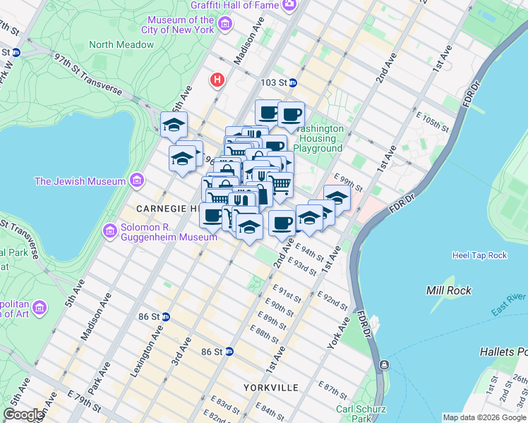map of restaurants, bars, coffee shops, grocery stores, and more near in New York