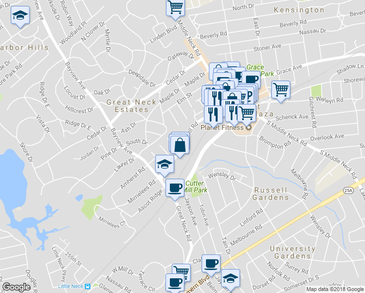 map of restaurants, bars, coffee shops, grocery stores, and more near Cuttermill Road in Great Neck