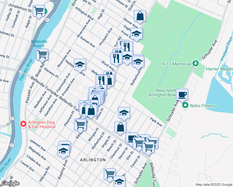 map of restaurants, bars, coffee shops, grocery stores, and more near 24 Inman Place in North Arlington