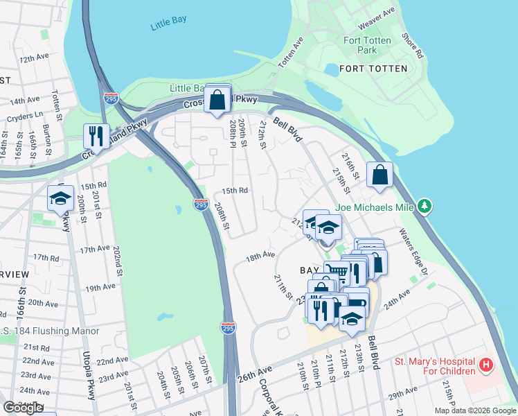 map of restaurants, bars, coffee shops, grocery stores, and more near 1559 209th Street in Queens