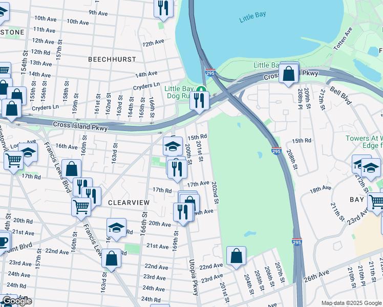 map of restaurants, bars, coffee shops, grocery stores, and more near 15-34 200th Street in Queens