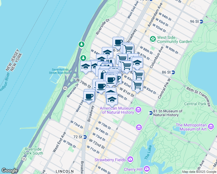 map of restaurants, bars, coffee shops, grocery stores, and more near 234 West 81st Street in New York
