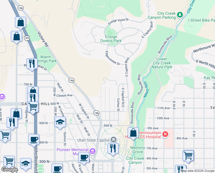 map of restaurants, bars, coffee shops, grocery stores, and more near 12 Columbus Street East in Salt Lake City